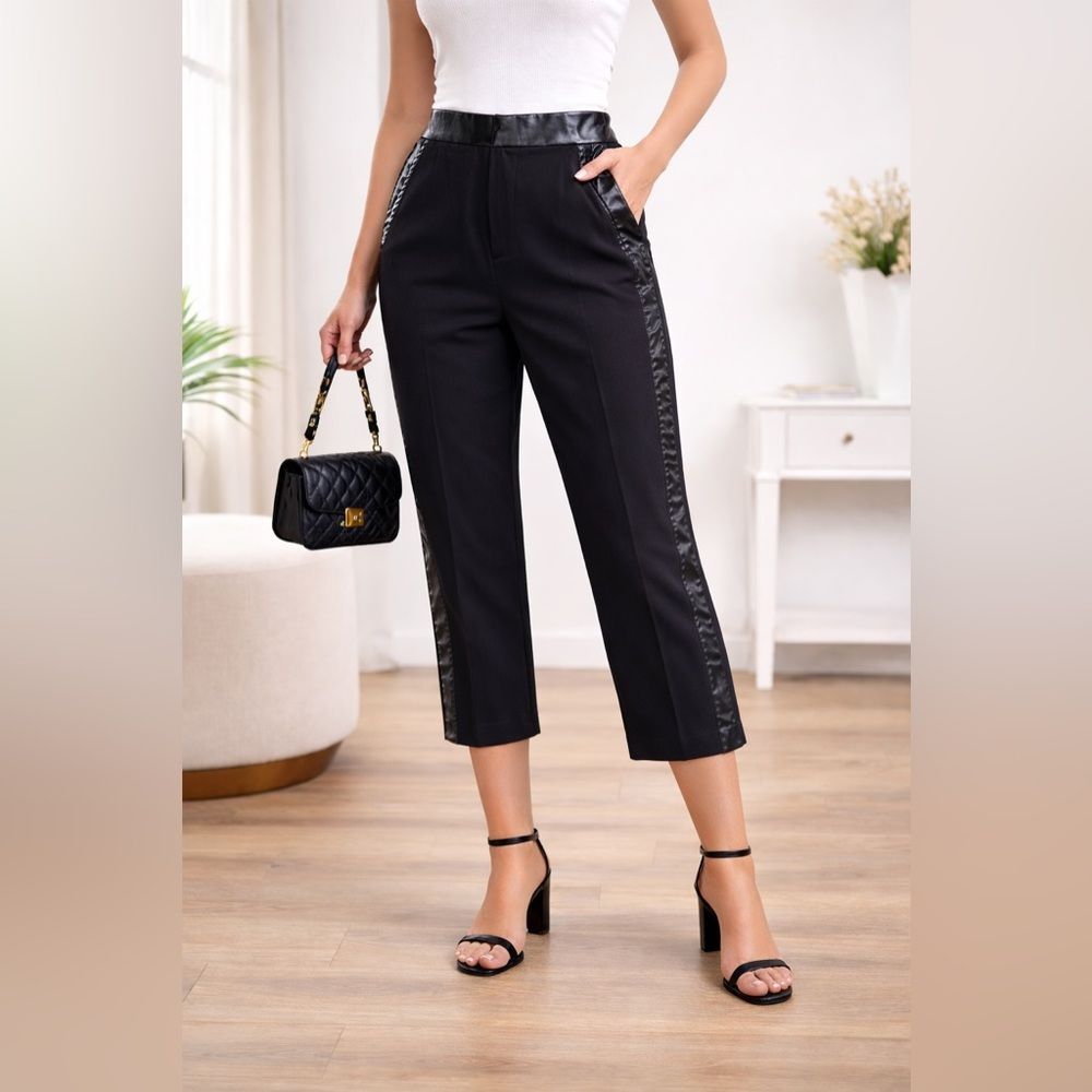 MARC JACOBS Black Capri Crop Pant Womens Patent Leather Detail Wool $228